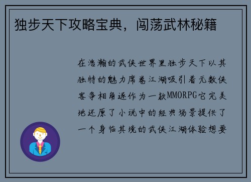 独步天下攻略宝典，闯荡武林秘籍