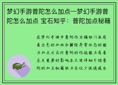 梦幻手游普陀怎么加点—梦幻手游普陀怎么加点 宝石知乎：普陀加点秘籍：逍遥自在，普渡众生